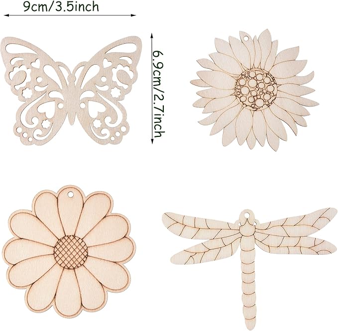 48PCS Unfinished Wood Insect Butterfly Cutouts with Sling Hole