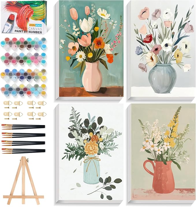 4 Pack Framed Paint by Numbers Kit for Adults with Wooden Easel, Flowers Easy Paint by Number Kits with Frame, DIY Acrylic Watercolor Adult Paint by Number Kits on Canvas for Home Decor 8x12 Inch