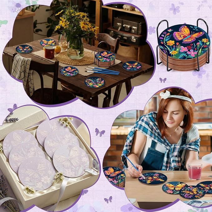 Reallnaive 8 Pcs Butterfly Flower Paint by Numbers Kit Coaster for Adults | Mini Paint by Numbers, Tiny Floral Round Oil Painting Drink Coaster with Holder, for Small DIY Craft Birthday Gift