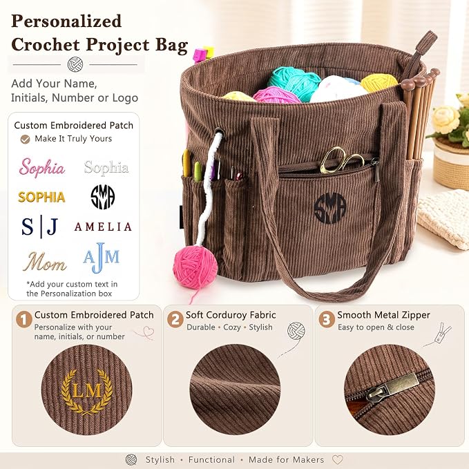 MYBAGZIGN Personalized Crochet Bag, Custom Corduroy Yarn Storage Tote with Pockets for Crochet Hooks, Knitting Supplies & Yarn, Project Bag Gift for Crocheters & Knitters