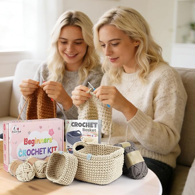 27PCS Crochet Basket Kit for Beginners,Beige Square Basket,Gift Box Package