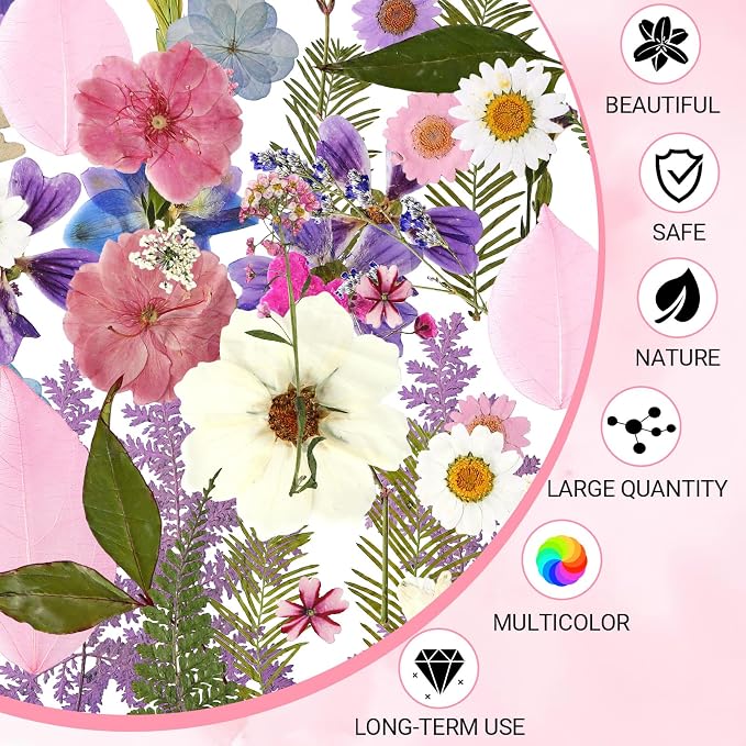Augshy Dried Pressed Flowers Dry Leaves, 80 Pcs Real Pressed Flowers Leaves for Resin Molds Assorted Pink Blue White Flower for Crafts DIY Jewelry Molds, Scrapbooking, Candle