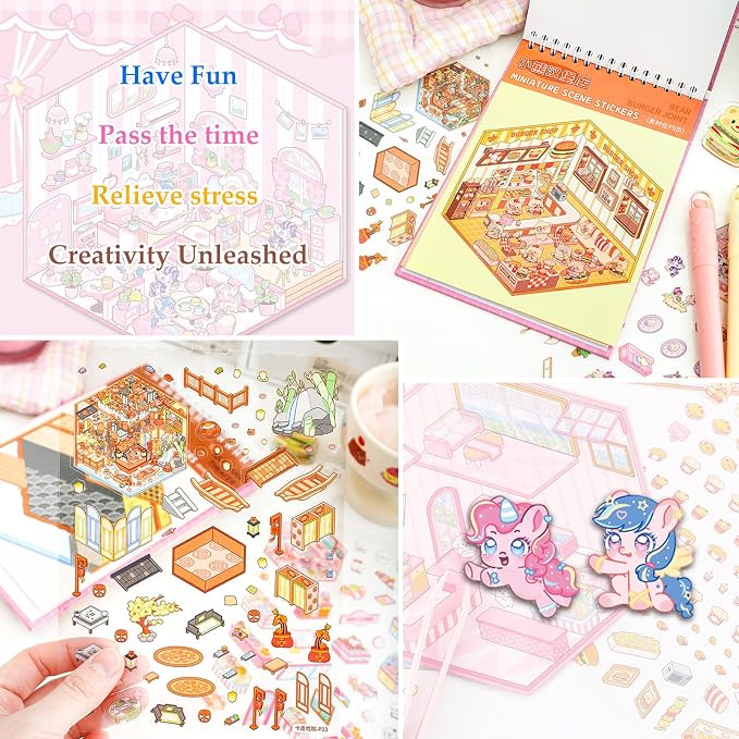 20 Sets 3D Sticker Scenes for Adults Fun Mini Cute Kawaii Stickers Therapy 3D Scenes 3D House Stickers Set Relief Stress Pass The Time