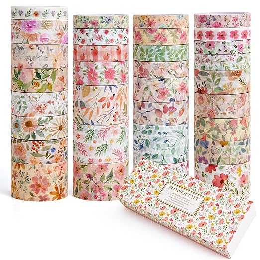 PAGEMORE 32 Rolls Washi Tape Set, Colored Floral Decorative Masking Tape, Artists Tapes for Journaling, Junk Journal, DIY Craft Projects, Scrapbooking Supplies Decor