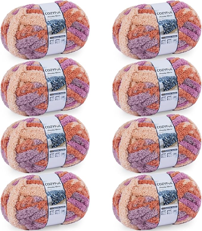Cozyful Chunky Yarn for Hand Knitting - #10 Chunky Chenille Blanket Yarn, Jumbo Big Thick Chunky Yarns for Crocheting, Tie Dye Bulky Knit Yarns, 8 Skein (20 yds 8 oz Each Skein), Purple & Orange