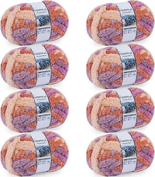 Cozyful Chunky Yarn for Hand Knitting - #10 Chunky Chenille Blanket Yarn, Jumbo Big Thick Chunky Yarns for Crocheting, Tie Dye Bulky Knit Yarns, 8 Skein (20 yds 8 oz Each Skein), Purple & Orange