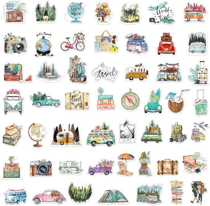 50 Pcs Outdoor Travel Stickers Kids Teens Adults Hiking Adventure Camping Laptops Decals Water Bottle Luggage Cups Guitar Notebook Scrapbook Bicycle Graffiti Tags Sticker
