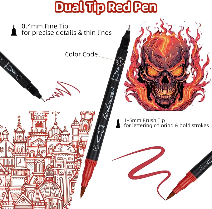 LIULIUCAI 10 Red Dual Markers, Fine & Brush Tip Pen for Adult Coloring