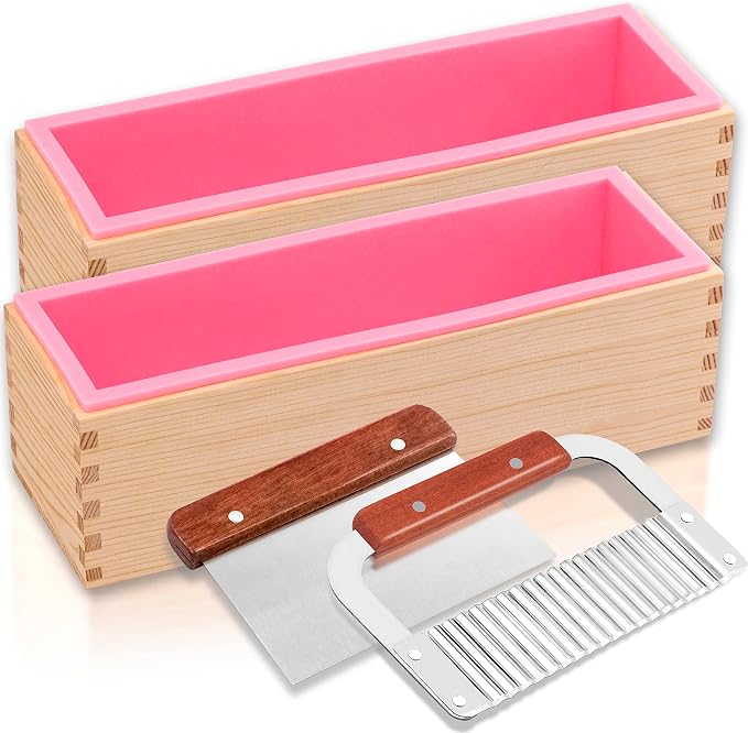 Lerykin 2 pcs Rectangular Soap Molds Kit with Cutters - 42oz Flexible Silicone Loaf Soap Mold with Wooden Box, Stainless Steel Wavy & Straight Scraper for Homemade Craft Soap Making Supplies