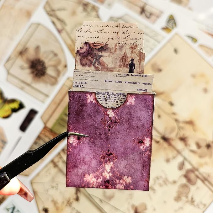 Vintage Junk Journal Kit with DIY Ephemera Storage and Accordion Pockets,11 Sheets Cardstock Pieces for Art Journaling, Scrapbooking and Mixed Media Crafts