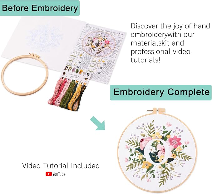 Harimau Letter Pattern O Embroidery Kit for Adult Beginners, Complete Starter Pack with 1 Hoop, Needles, Instruction Guide & Embroidery Stitch Video Tutorials