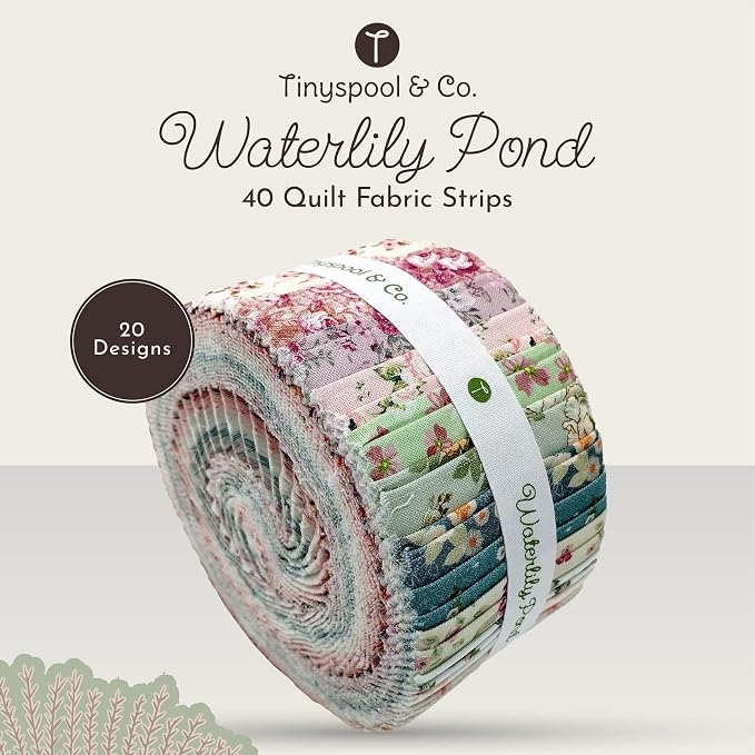 Tinyspool & Co.'s Twirlie Roll 40 Precut Quilting Fabric Strips for Quilting Supplies, Crafting, Sewing, Soft Cotton Strip for Blanket, Rug, Upholstery, Home Decor, and Purse Making, Waterlily Pond