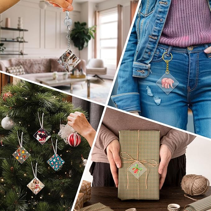 Ximalun 24Pcs Acrylic Keychain Blanks,Square Acrylic Ornaments Blanks Bulk Clear Ornaments Keychains with Hole for DIY Key Chain Craft Projects Christmas Birthday Holiday Decorations(4cm/1.58inch)
