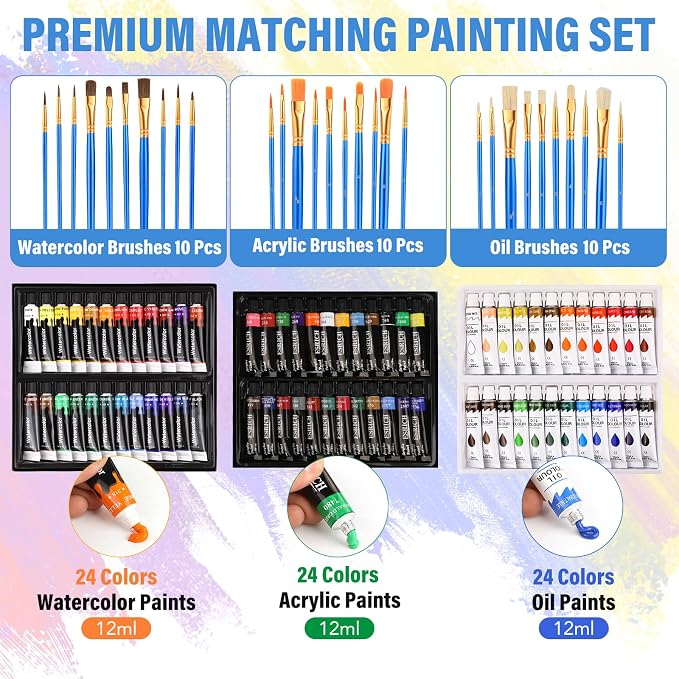 ESRICH 122PCS Acrylic Paint Set, Canvas Painting Kit with 72 Paints | Tabletop Wooden Easel, Oil, Watercolor & Acrylic Paint, Canvas, Brushes, Palettes, Painting Set for Kids Adults