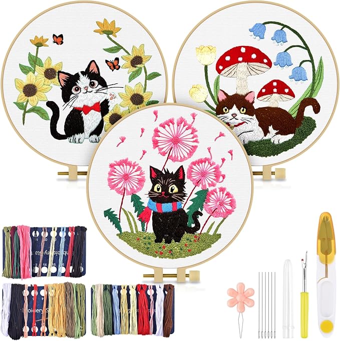 TINDTOP Embroidery Kit for Adults, Cat Embroidery Practice Kit | for Beginners Include Embroidery Cloth Hoops Threads for Craft Lover Hand Stitch with Embroidery Skill Techniques