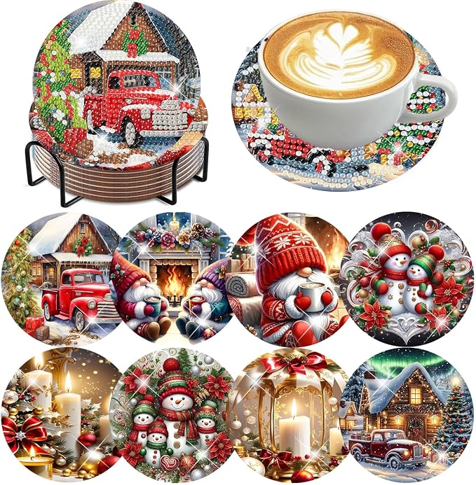 mrpwnle 8 Pcs Diamond Art Coasters Christmas Diamond Painting Coasters