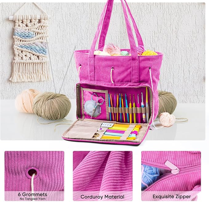 MYBAGZING Large Crochet Bag & Tote, Corduroy Yarn Organizer for Crocheting, Yarn Storage Bag for Hooks and Accessories, Knitting Tote for Crochet Lovers, Mother’s Day Gift
