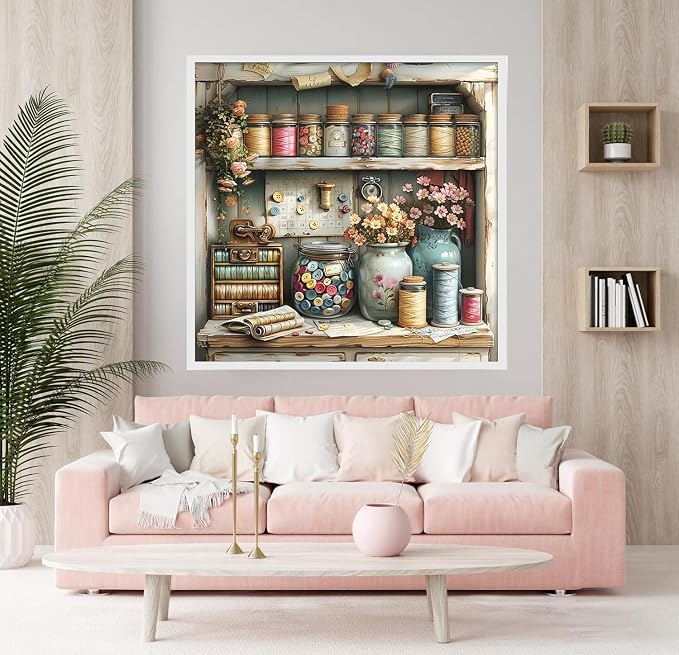 Vintage Sewing Room with Buttons Jar Diamond Art Kits for Adults,5D Diamond Painting Kits for Beginners,DIY Round Full Drill Diamonds Gem Art Crafts for Home Wall Decor Gifts 14x14 Inch
