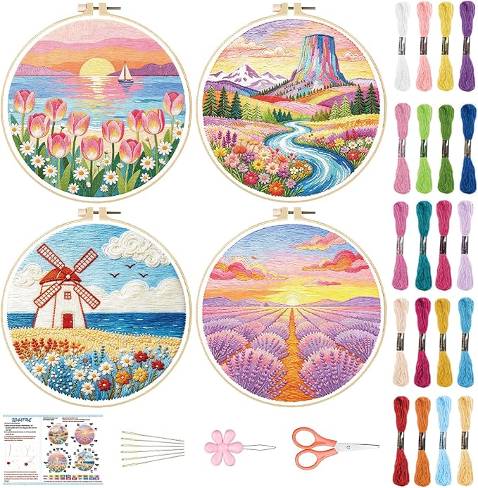 BEUNITONE 4 Set Embroidery Kits for Beginners, Pink Scenery Design with Pre-Stamped Pattern Craft Kits Include Instruction and Hoops, 7.9"x7.9" Needlepoint Kits for Festival Gifts and Home Decor