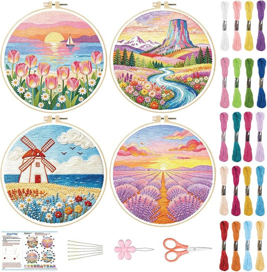 BEUNITONE 4 Set Embroidery Kits for Beginners, Pink Scenery Design with Pre-Stamped Pattern Craft Kits Include Instruction and Hoops, 7.9"x7.9" Needlepoint Kits for Festival Gifts and Home Decor