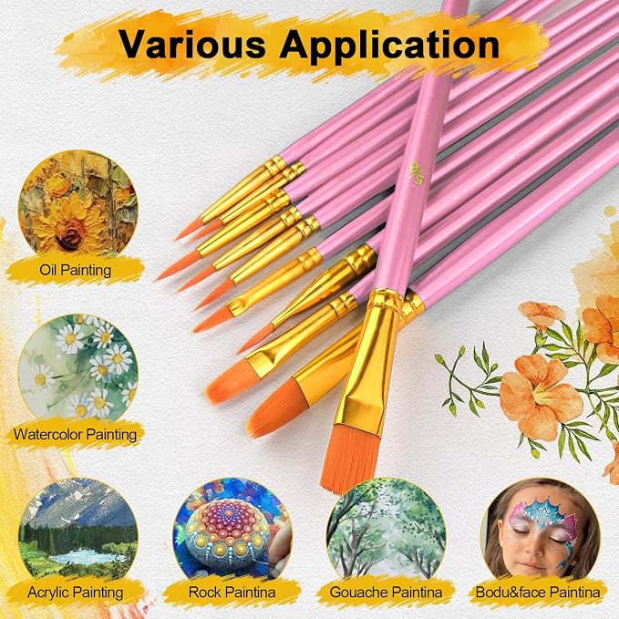 Acrylic Paint Brushes Set, 160Pcs Round Pointed Tip Artist Paintbrushes for Acrylic Painting Oil Watercolor Canvas Boards Rock Body Face Nail Art, Halloween Pumpkin Ceramic Crafts Supplies，Pink