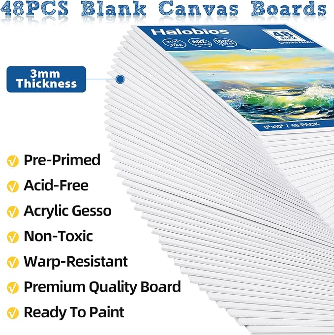 Halobios Canvas Boards for Painting 8x10 Inch, 48 Pack Blanck Canvas Panels Art Painting Supplies, 100% Cotton Primed Painting Supplies for Acrylic, Oil, Tempera & Watercolor Paint