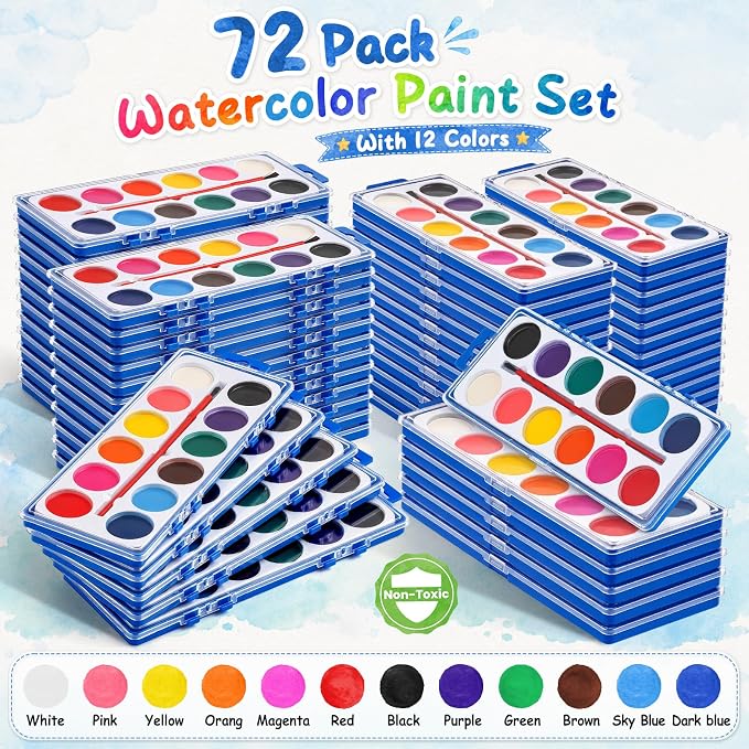 72 Pack Watercolor Paint Set, 12 Colors Washable Watercolor Paint Bulk