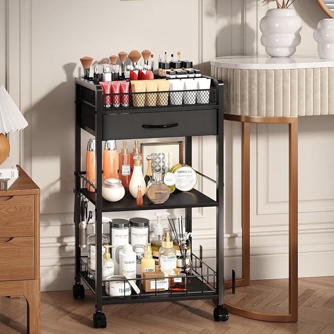 Homsorout 3 Tier Rolling Cart - Metal Utility Cart with Storage Drawer and Wheels, Versatile Art & Craft Organizer for Home, Office, or Studio Ideal for Storing Brushes, Paints, and Supplies Black