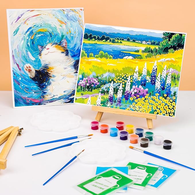 ESRICH 20 Pack 8x10 Canvas and Easel Set, Mini Acrylic Paint, Paint Brushes, Palettes, Aprons, Sip and Paint Kits for Adults Couples Friends Date Night Painting Party Supplies
