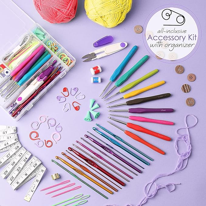 Hearth & Harbor Crochet Kit 114 Piece with 1500 Yards Assorted Yarn Kit, Ergonomic Hooks, Crocheting Instruction, Knitting & Crochet Supplies - Beginner Crochet Kits for Adults, Ideal for Amigurumi
