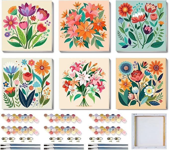 SYDYLH 6 Pack Paint by Numbers Kit with Frame, Easy Acrylic Painting for Kids & Adults, Flowers Paint by Number for Ages 6-12, 8x8 Inch DIY Art Set for Home Wall Decor