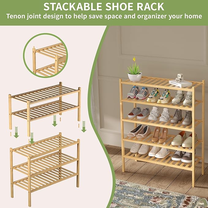 ROMGUAR CRAFT 3 Tier Bamboo Shoe Rack for Closet Free Standing Wood Shoe Shelf Storage Organizer for Entryway Small Space Stackable 27"x11"x20" (Natural) (Pack of 2)