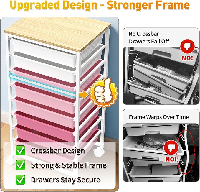 SUNALLY Rolling Cart With 8 Drawers, Storage Drawer Cart for Craft Art,Pink | Storage Utility Cart with Wooden Tabletop & 2 Lockable Wheels, Teacher Storage Cart for Classroom School Storage, Makeup,Nail