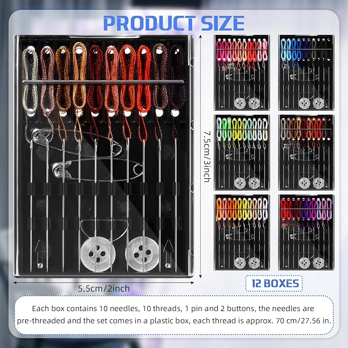 Hestya 12 Boxes (120 Pcs) Pre Threaded Needle Kit Assorted Color (Multicolor)