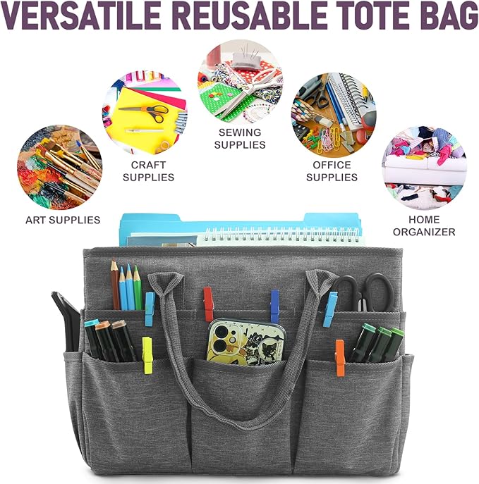 Cupohus Art Organizer Craft Storage Tote Bag with Pockets and Handles Grey