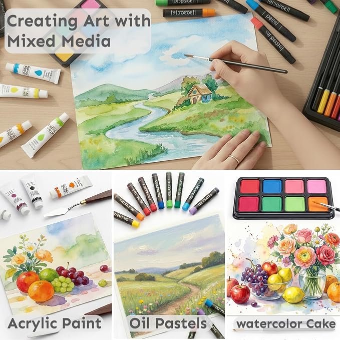 175-Pack Deluxe Wooden Art Set Drawing Painting Kit with 2 Drawing Pads, Acrylic Paints, Colored Pencils, Crayons, Paint Brush, Art Kit in Wooden Case, Gift for Artist, Adults, Teens and Kids