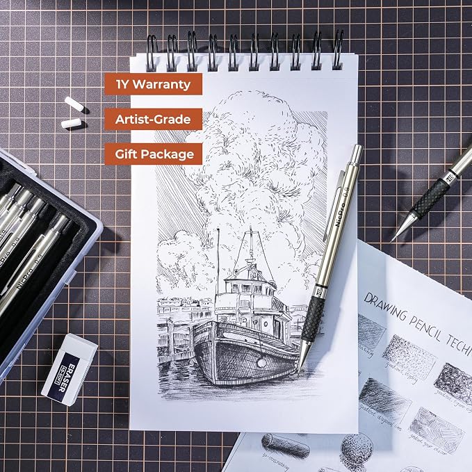 Nicpro 0.9 mm Art Mechanical Pencils Set in Case, 6 PCS | Metal Drafting Pencil Lead Pencil + 6 Tube HB Lead Refill, Eraser, Comfort Grip For School Writing, Artist Drawing Sketching