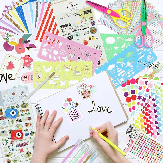 SICOHOME Scrapbook Supplies Scrapbook Kit, DIY Junk Journaling Supplies Kit | Scrapbooking Tools Paper Stickers Tapes Scissors Markers, Valentines Craft Gift for Kid Girl Women Teen Adult Starter