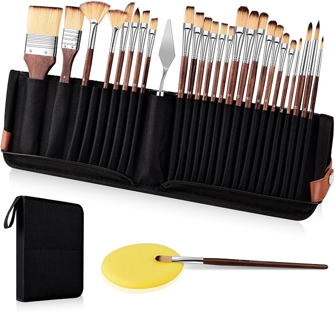 26-Piece Nylon Paint Brush Set – Zipper-Sealed Case, Independent Brush Compartments, Foldable Stand, for Beginners & Professionals