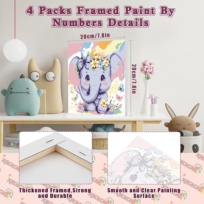 4 Pack Animal Paint by Number for Kids with Wooden Frame - Wooden Easel | Paint by Numbers for Kids Ages 4-8-12, Easy Elephant Owl Giraffe Zebra DIY Oil Painting Kits for Home Wall Decor (8X8 inch)