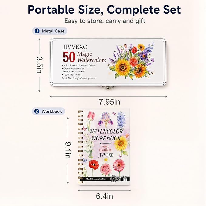 50 Colors Watercolor Paint Set with Watercolor Workbook for Adults | Travel Watercolor Set with 14 Pre-Drawn Projects, 1 Water Brush, 6 Detail Brushes & Painting Supplies for Teens & Beginners