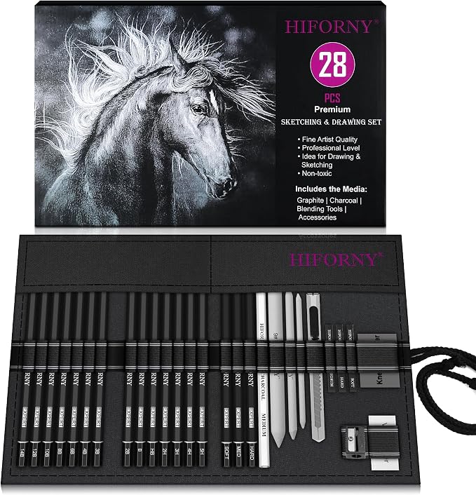 HIFORNY 28 PCS Sketching Drawing Pencil Set,Sketch Pencils Art Supplies with Graphite,Charcoal,Blending Tools,Accessories,Drawing Kit for Adults Artists in Canvas Roll Up Case