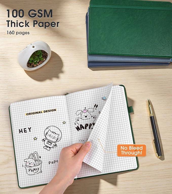 A5 Leather Hardcover Graph Paper Notebook, 160 Pages (5 Squares/Inch), 180° Lay-Flat Binding, 100 GSM Thick Paper, for Math, Engineering, Students & Technical Work (Green)