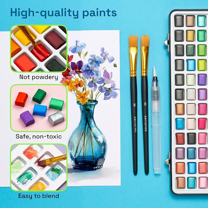 ARTISTRO Deluxe Watercolor Paint Set with Palette & Brush Pens - 168 Colors | Travel Watercolor Paint Set, Portable Painting Kit for Adults, Artists & Kids, Professional Watercolor Supplies