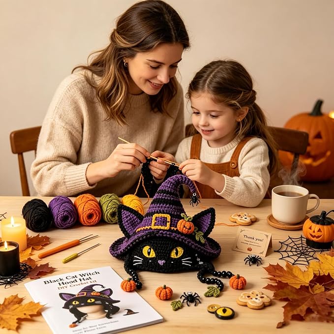 Halloween Hat DIY Crochet Kit, Fantasy Hood Hat DIY Crochet Kit, Cat