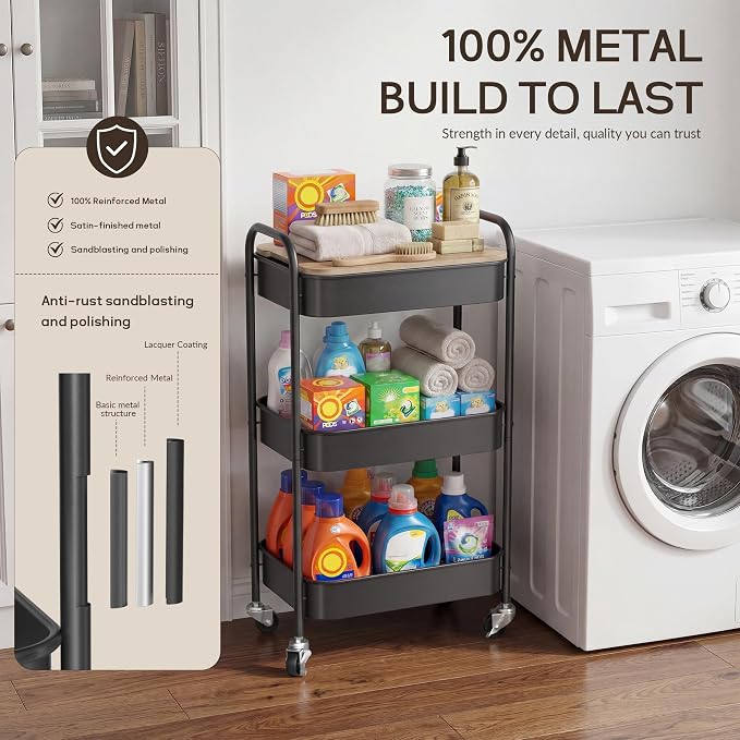 DTK 3 Tier Rolling Cart with Wheels, Heavy Duty Metal Utility Cart, Mobile Storage Organizer with Lockable Casters, Multi-Purpose Rolling Cart for Nursery, Bathroom, Kitchen, Office, Classroom