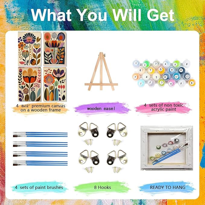 LWZAYS 4 Pack Floral Paint by Numbers Kit for Adults with Frame, Easy Flowers Paint by Number for Adults Beginner with Wooden Easel, DIY Painting by Numbers Canvas Framed for Home Decor 8 x 12 Inch