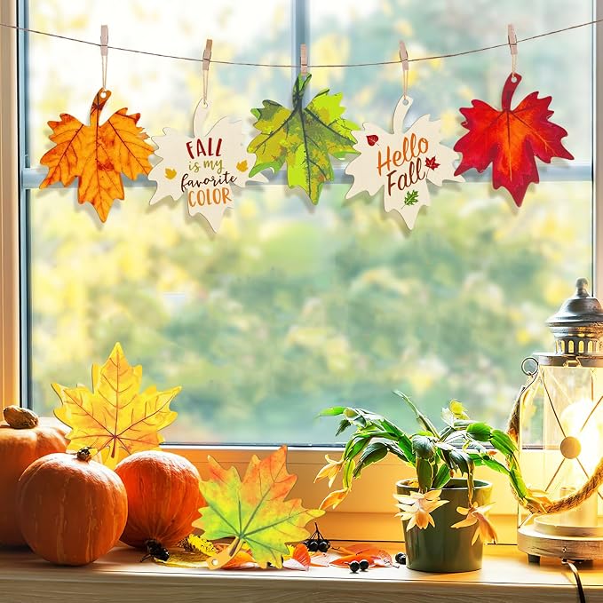Large Size 7inch Wooden Fall Ornaments to Paint Halloween Thanksgiving Thanksgiving, Maple Leaf Cutouts Unfinished DIY Blank Unfinished Wood Discs Ornament for Crafts Hanging Autumn Decorations 10PCS