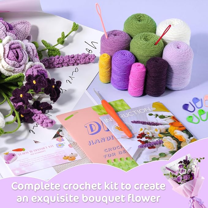 Iuuidu Crochet Kit for Beginners, Flower Bouquet Crochet Kit Rose Purple