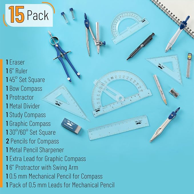 Mr. Pen- Geometry Set, 15 pcs, Navy Blue, 6 Inch Swing Arm Protractor | Divider, Set Squares, Ruler, Compasses and Protractor